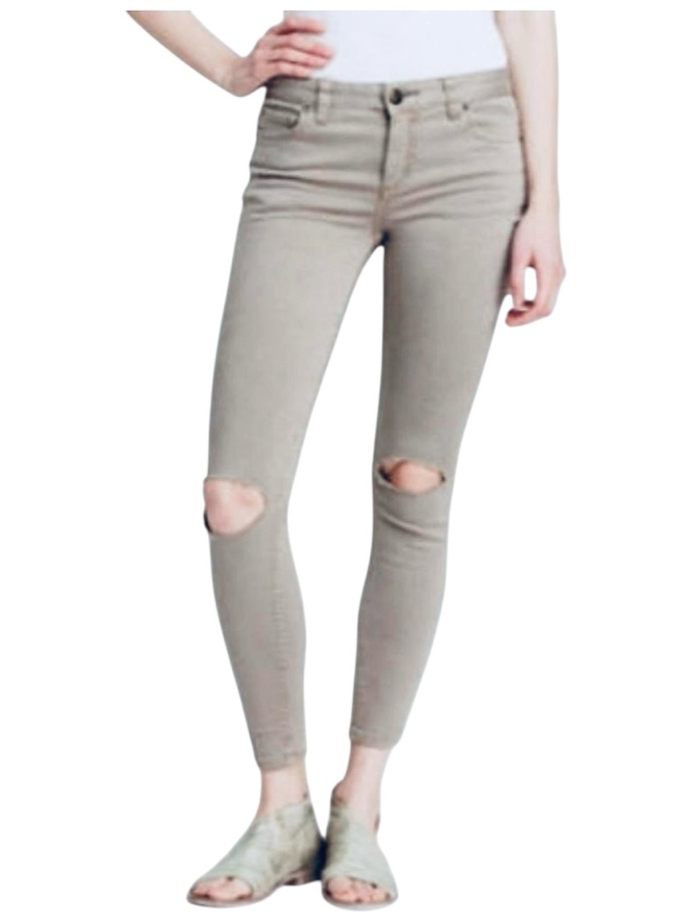 Free People Busted Jeans, Ripped-Knee Jeans, Pale Taupe Gray, W28, Size 6